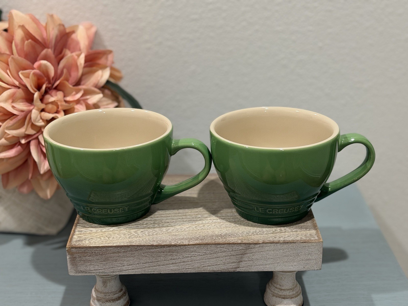 Le Creuset Stoneware Giant Cappuccino Bistro Mug 14 oz Bamboo Green NEW Set-2
