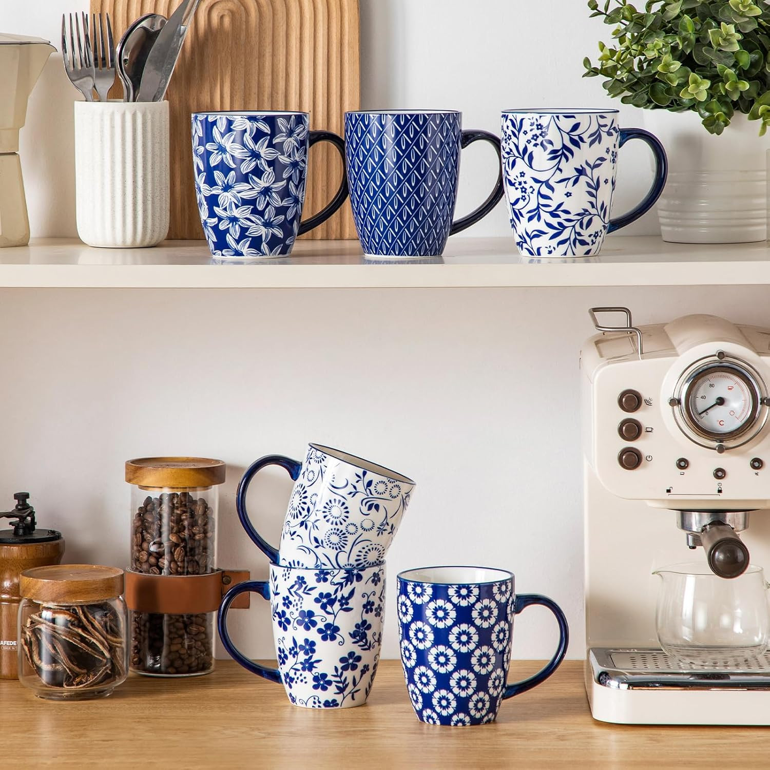 SELENE Large Coffee Mugs Set of 6, 16 Oz Porcelain Coffee Cups