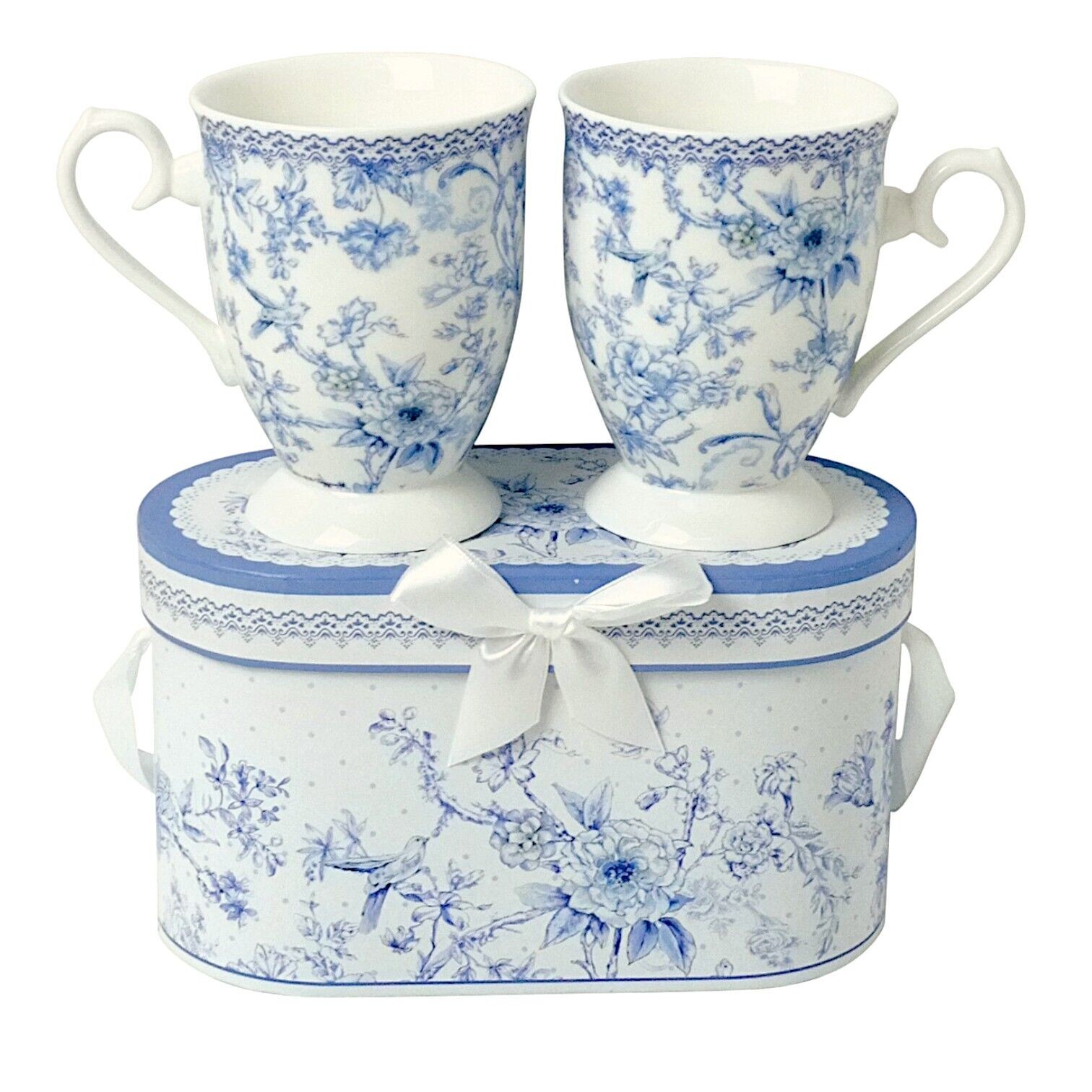 STPGOODS 2-pc Blue Flowers Bone China Mug Set Coffee Tea Mug 2×10 fl oz