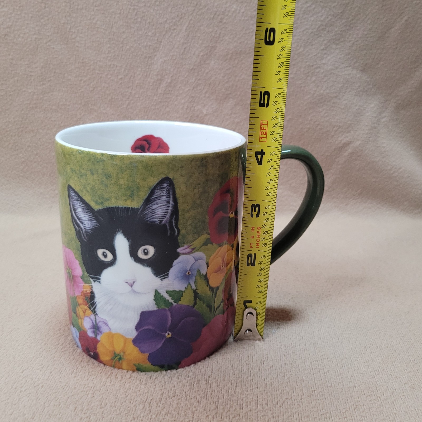 Tuxedo Cat Pansy Flowers Ceramic 14 oz Mug w/ Matching Gift Box Lang 2012