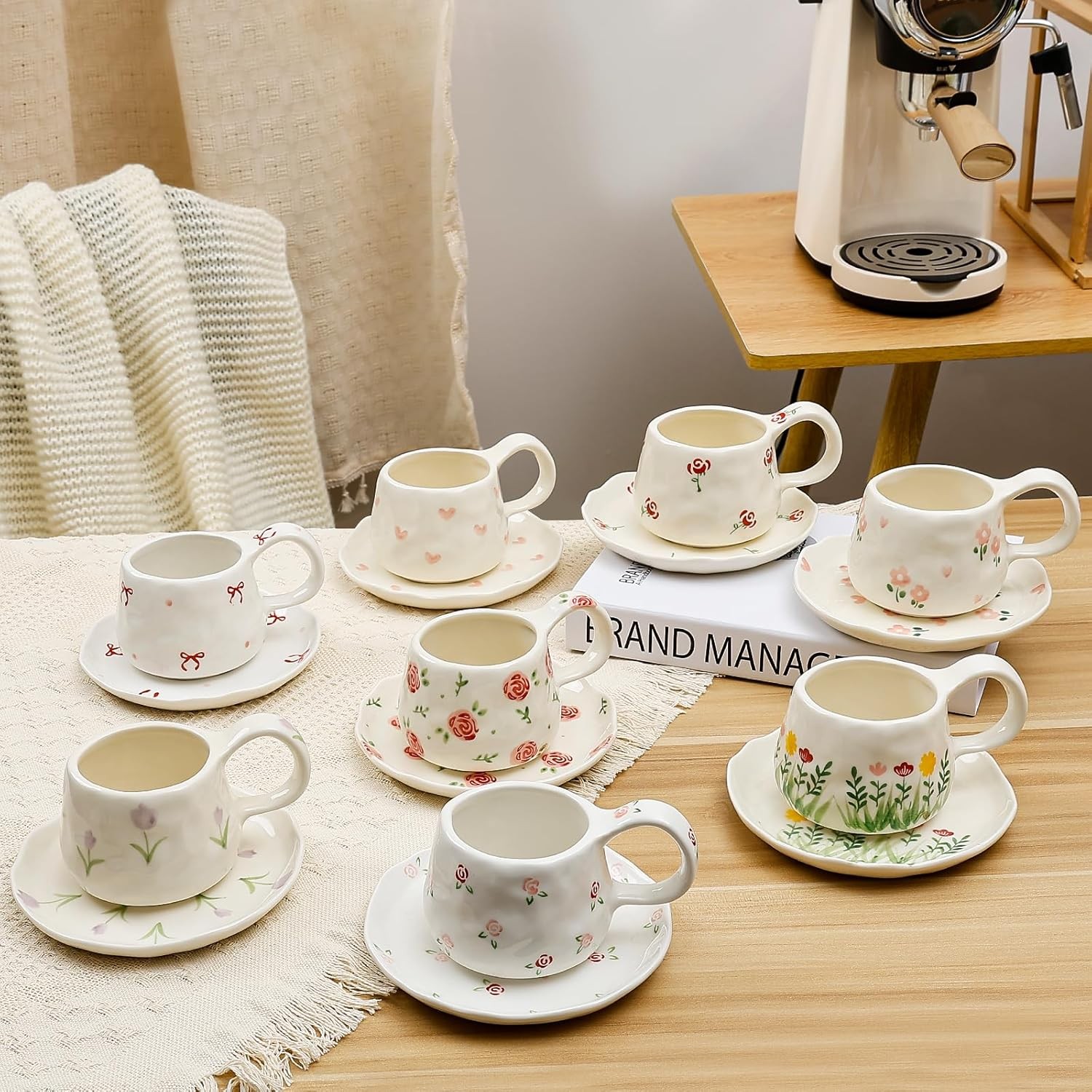 Ceramic Coffee Mug Set W/ Saucer 250ml / 8oz Cute Floral Coffee Mug Irregular