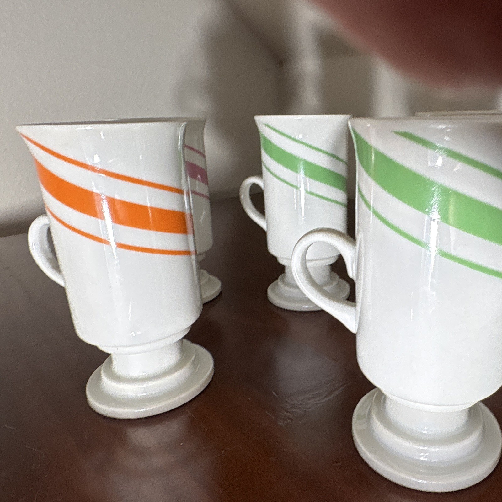 5pc Ceramic 8 fl oz White Pedestal Coffee Mug Set, Colorful Striped Bands