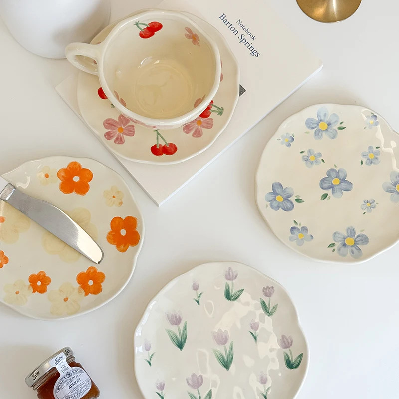 Korean Style Flower Pattern Ceramic Cup and Saucer Set Hand Pinched Irregular Co