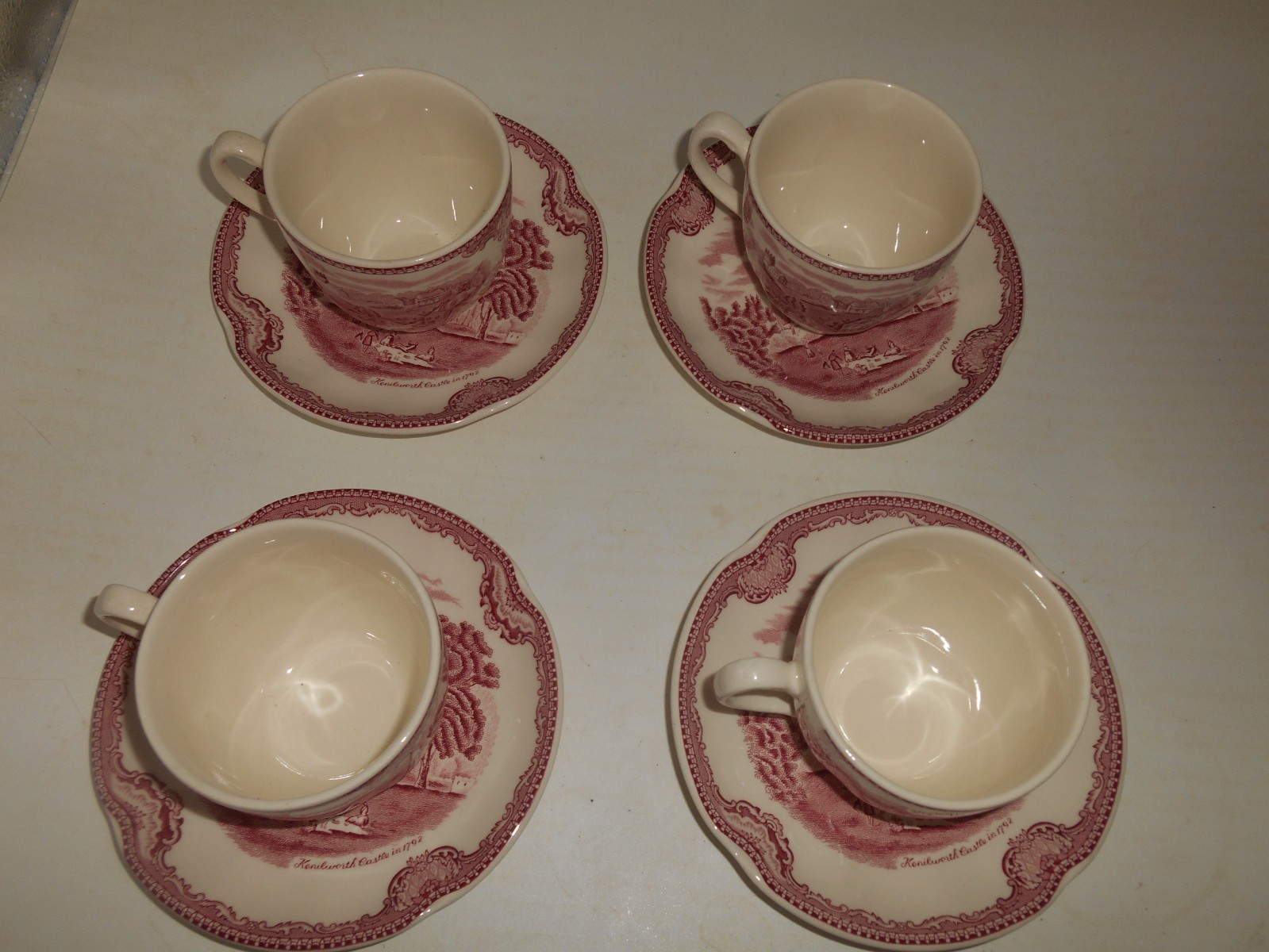 4 Sets of Johnson Bros Old Britain Castles pattern 6 oz. Cups & Saucers / Pink