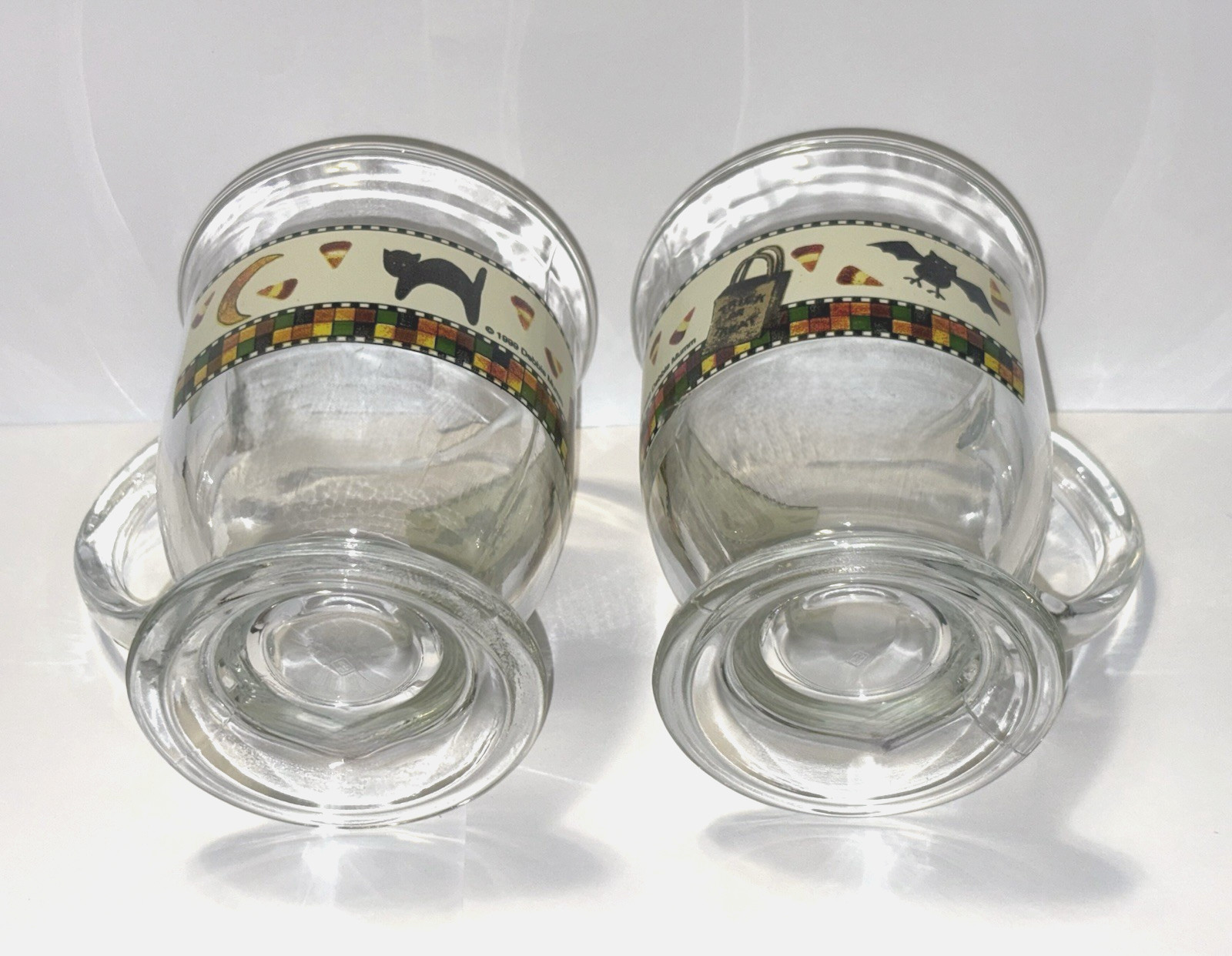 2 VTG Debbie Mumm Halloween Cat Bat Coffee Latte Mugs Footed Clear Glass 14 oz.