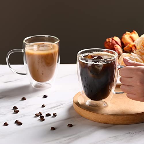 12 Oz Double Walled Glass Coffee Mugs with Handle,s, Set of 2