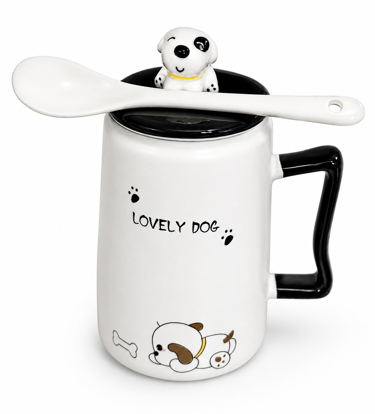 Cute Lovely Dog Ceramic Mug with Lid & Spoon | Puppy Handle Coffee Tea Cup