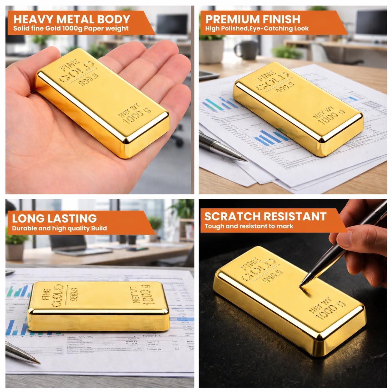 3 PCS Gold Bar Paperweight Fake Metal Desk Decor Realistic Replica Gift Home