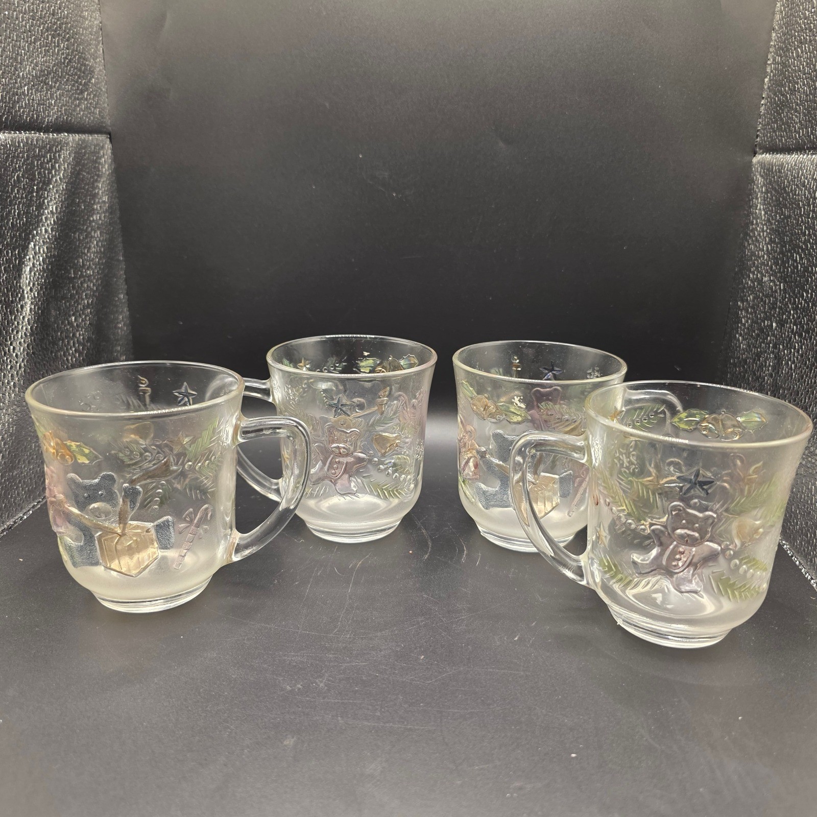 Rare Vintage Aderia Glass Ishizuka Christmas Teddy Bear Tinted Mugs Set of 4