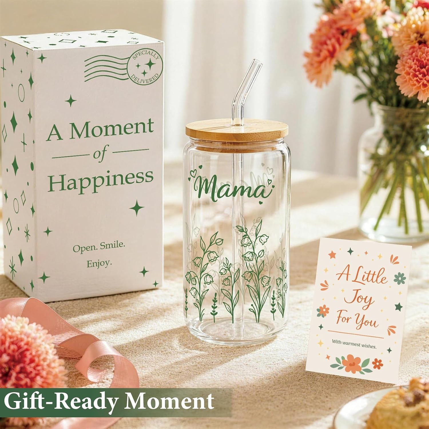 Mama for Mom – 16oz Floral Iced Coffee Cup with Lid and Straw – Cute Birthday