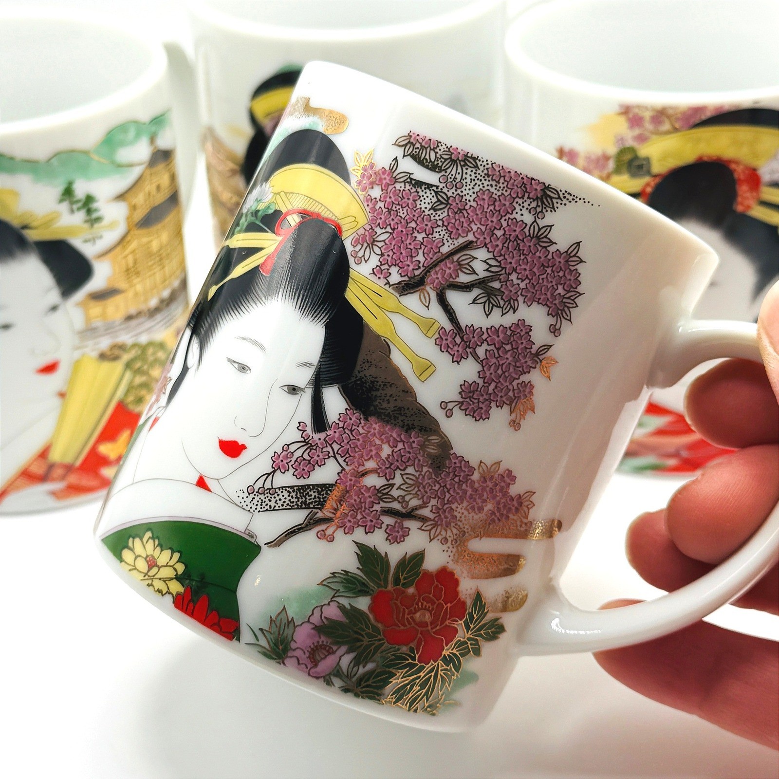 Japan Traditional Geisha Mugs Gold Gilt Mt Fuji Cherry Blossom Pagoda Coffee Tea