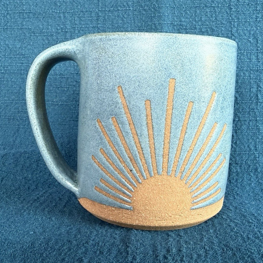 Stoneware Sunburst Coffee Mug 16 fl oz Blue/Beige Base Celestial Handmade