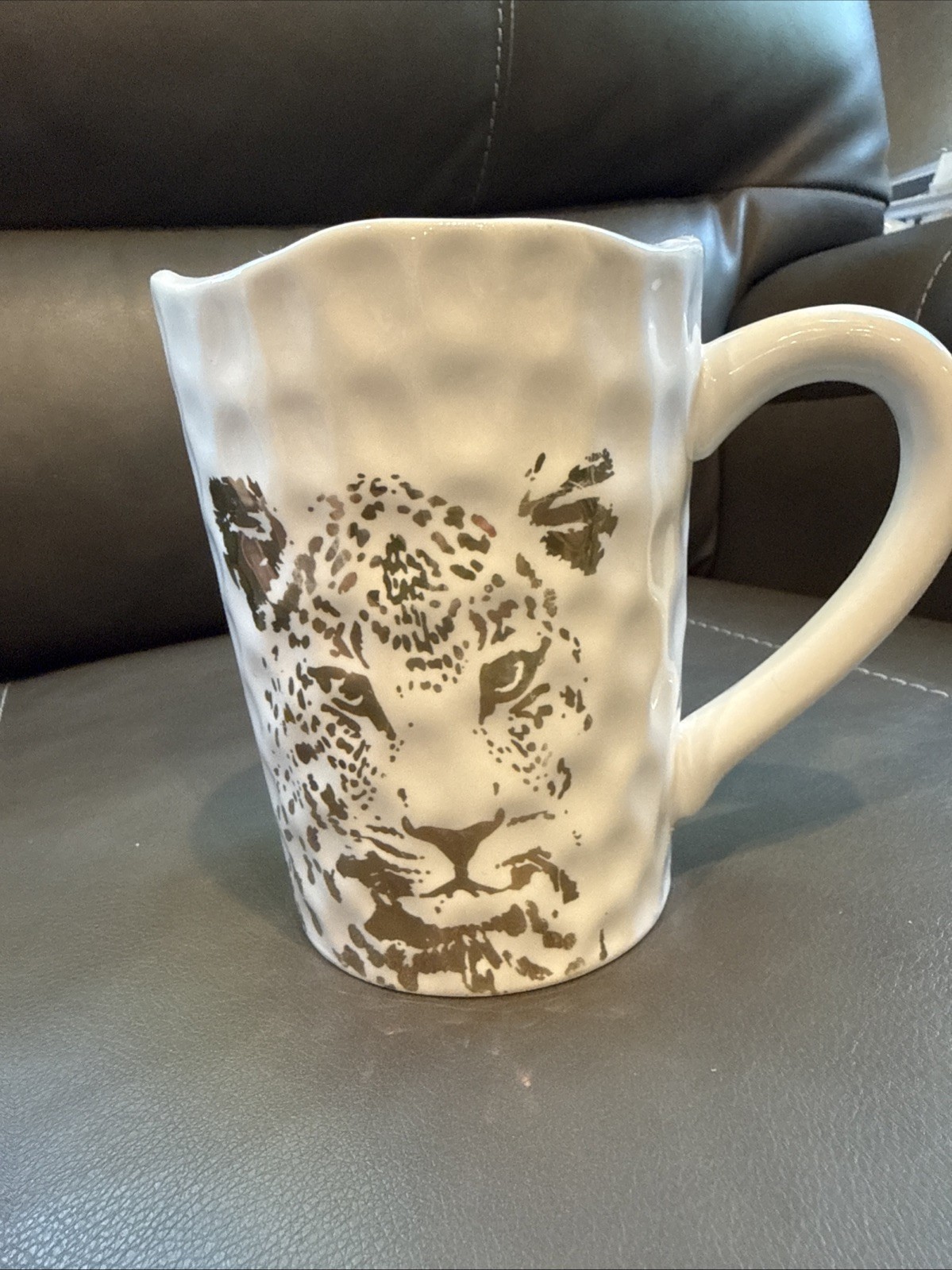 Gold Leopard Face White Ceramic Coffee Mug Embossed Textured Animal Print 16 OZ