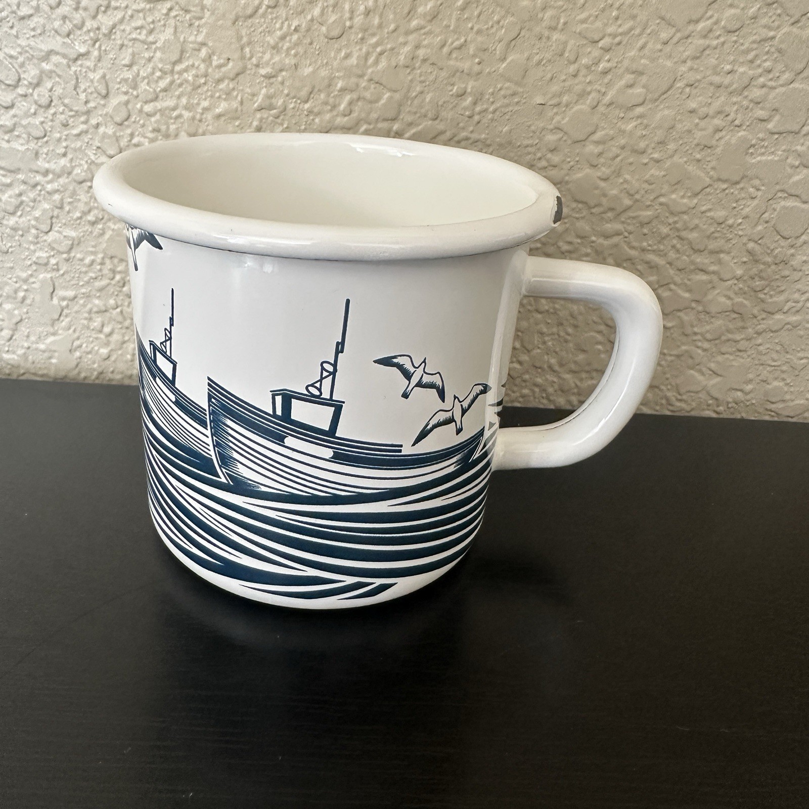 MINI MODERNS ENAMELWARE Mug Blue White Boat Ocean Scene Seagulls Cost Nautical