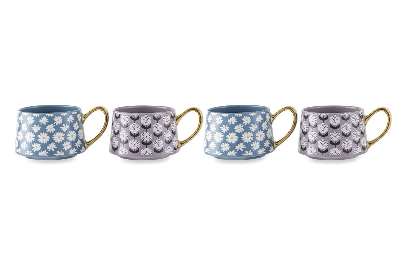 Thyme & Table Teatime Collection 4-Piece Stoneware Mug Set Gold Accents Floral