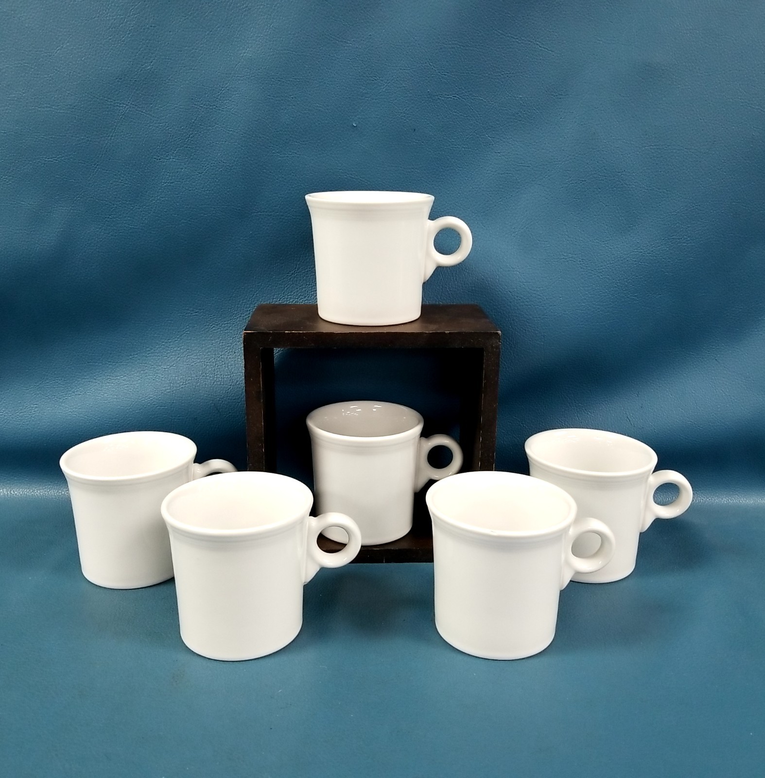 6 White Replacement Fiestaware Java Mugs Art Deco Ring Handle Embossed Logo