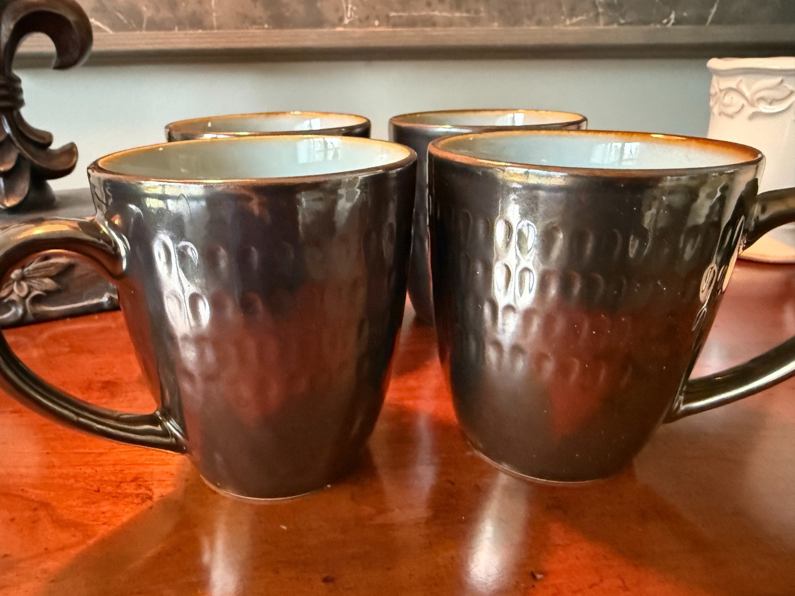 SET of 4 HAMMERED BRONZE Food Network ANGELICA Blue Inside 12oz Stoneware MUGS