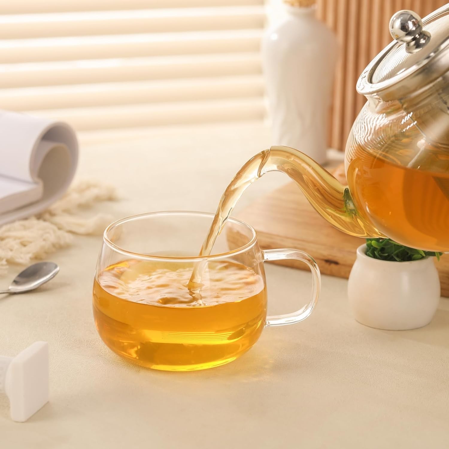 Glass Tea Cups Set of 2, Clear Borosilicate Glass Teacups with Handle for