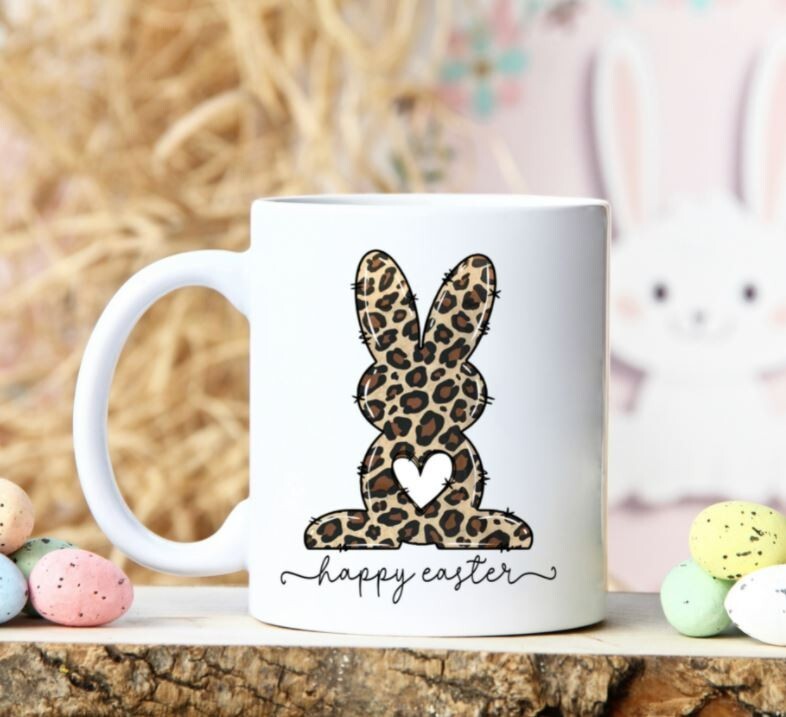 Happy Easter Leopard Print Mug Bunny Coffee Cup 11 Ounce