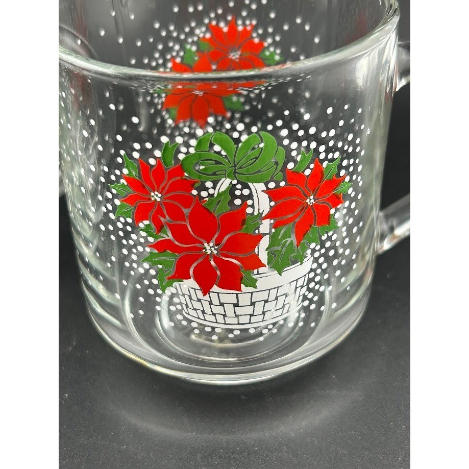 Set of 2 Vintage Luminarc Glass Mugs Christmas Poinsettia Basket Design