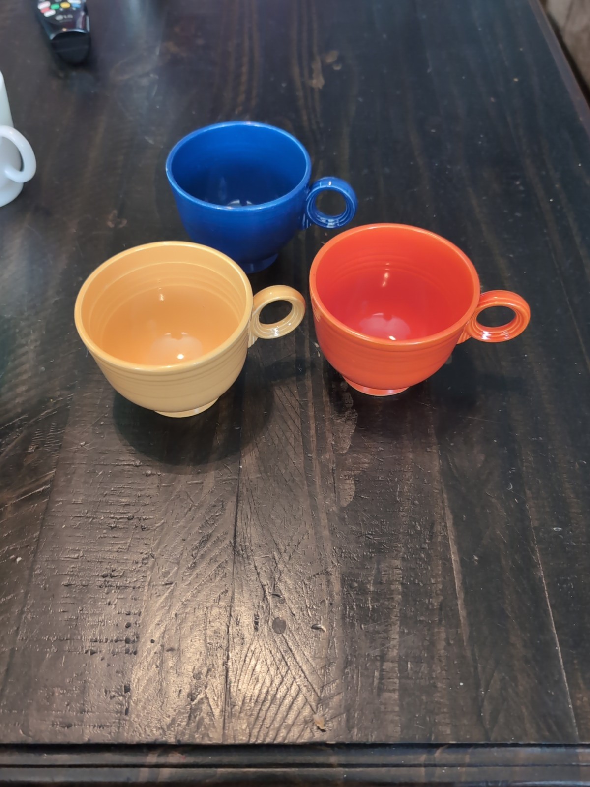Vintage Fiestaware 3 Yellow, Orange, Blue Tea Cup Ring Handle 1936-1969