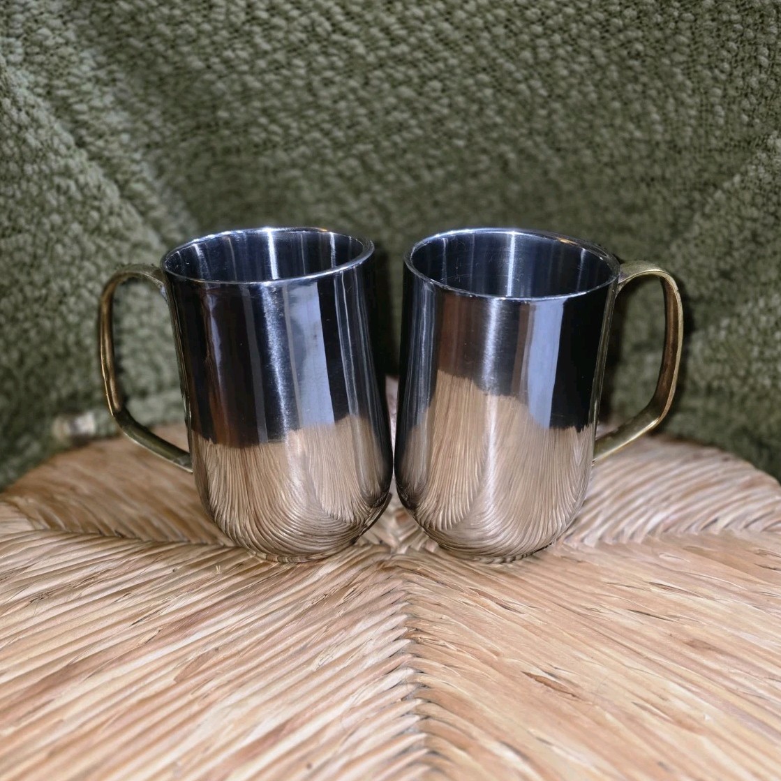 Set of 2- 18 Oz Garrett Wade Stainless Steel Mugs Bronze Handles
