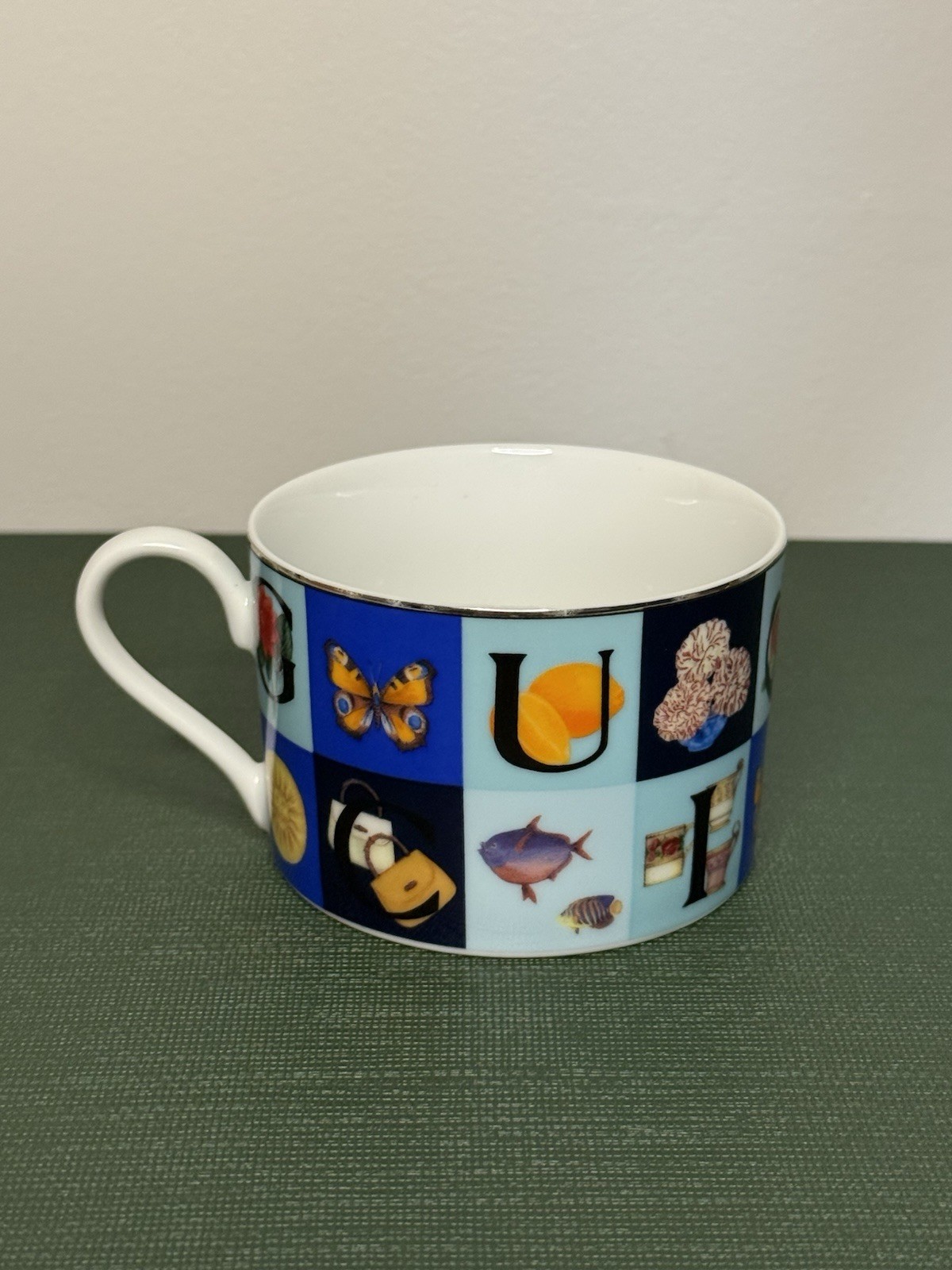 Gucci Porcelain Coffee Mug Pictorial Decorated White/Blue/Multicolor 8 fl oz