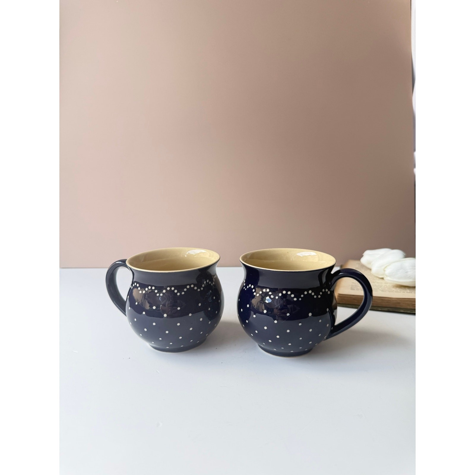 Echt Bürgeler Navy Blue White Dot Bulbous Coffee Tea Mugs Set 2 German Pottery