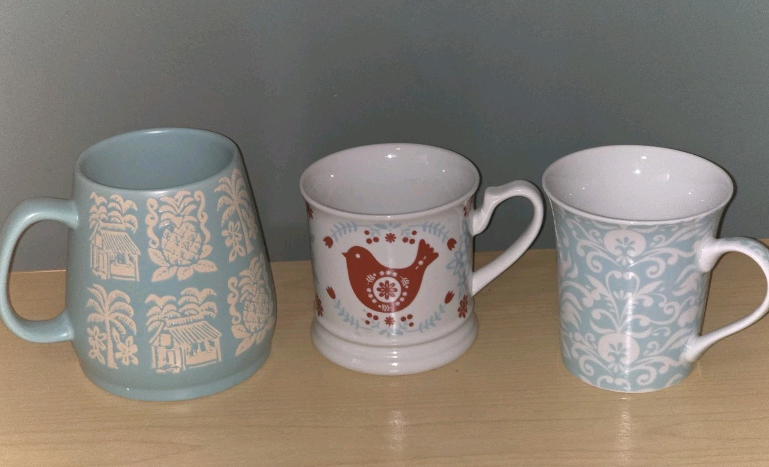 Mixed Brands 16 fl oz Stoneware Coffee Mug Set of 3 Blue/White/Red Bird Floral