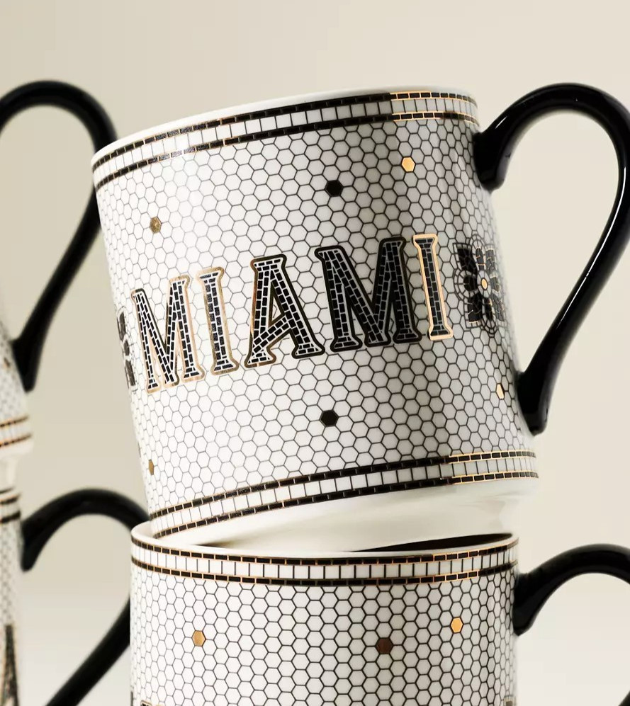 Anthropologie Bistro Tile Mug “MIAMI” 24K Gold Decaled Glazed Stoneware New