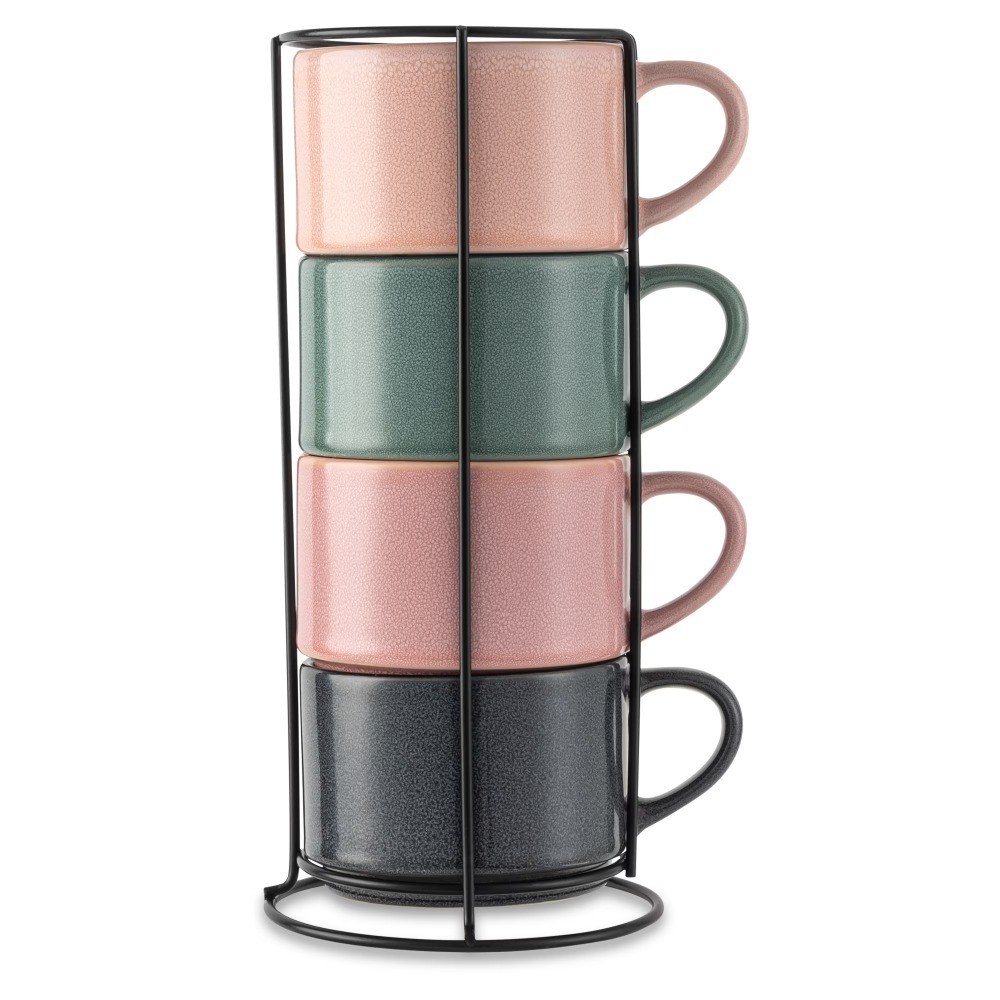 4 Pack Stacking Mugs, Reactive Mix of Colors 11.1 fl oz, Stoneware