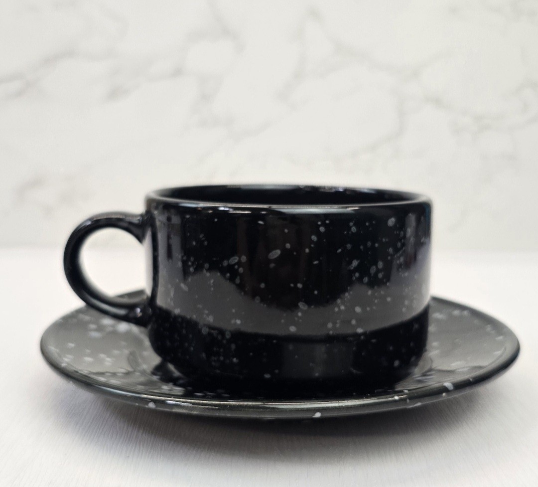 Black & White Speckled Stoneware Soup Bowl / Oversized Coffee Mug and Saucer