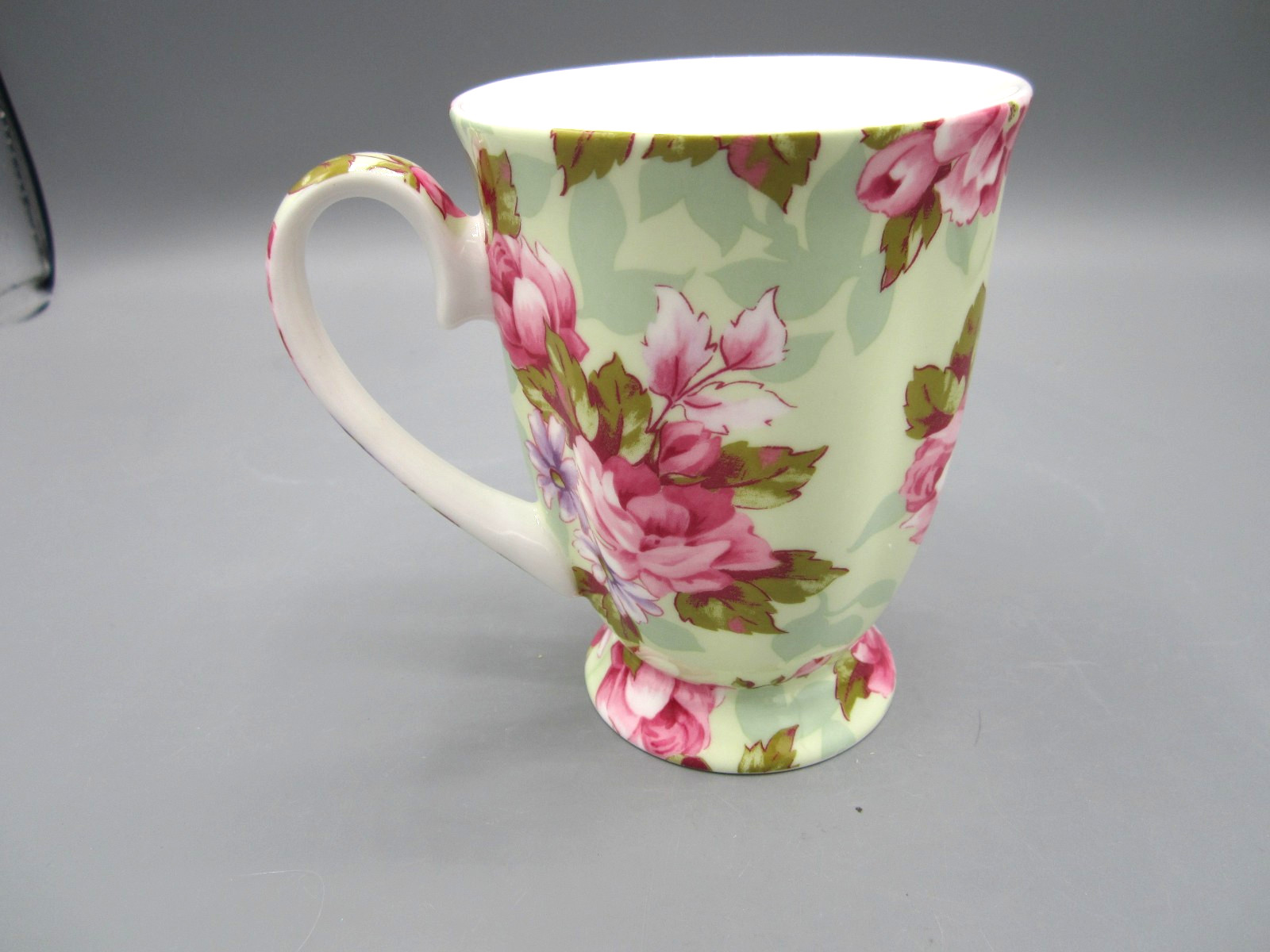 Stechcol Gracie Bone China, White, Pink, Green, Roses Tea Coffee Mug 10 oz (553)