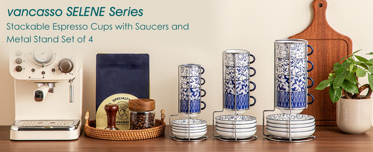 Espresso Cups, Porcelain Stackable Cappuccino Cups, Demitasse Coffee Cups and
