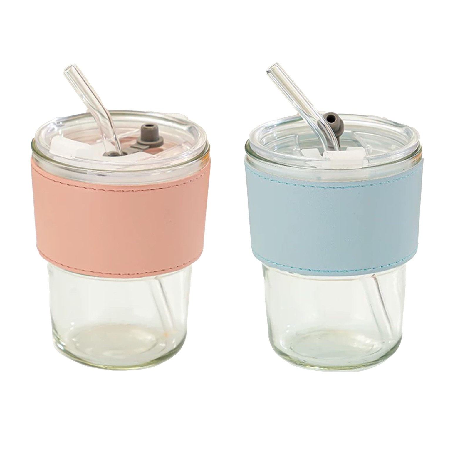 2 pcs Glass Tumbler with Straw and Lid 13 oz (380ml) Tumbler Water Glass Coff…