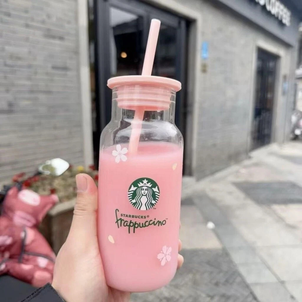 Starbucks 500ml Pink Cherry Blossom Coffee Cup Shake Straw Cup Glass Milk Cups