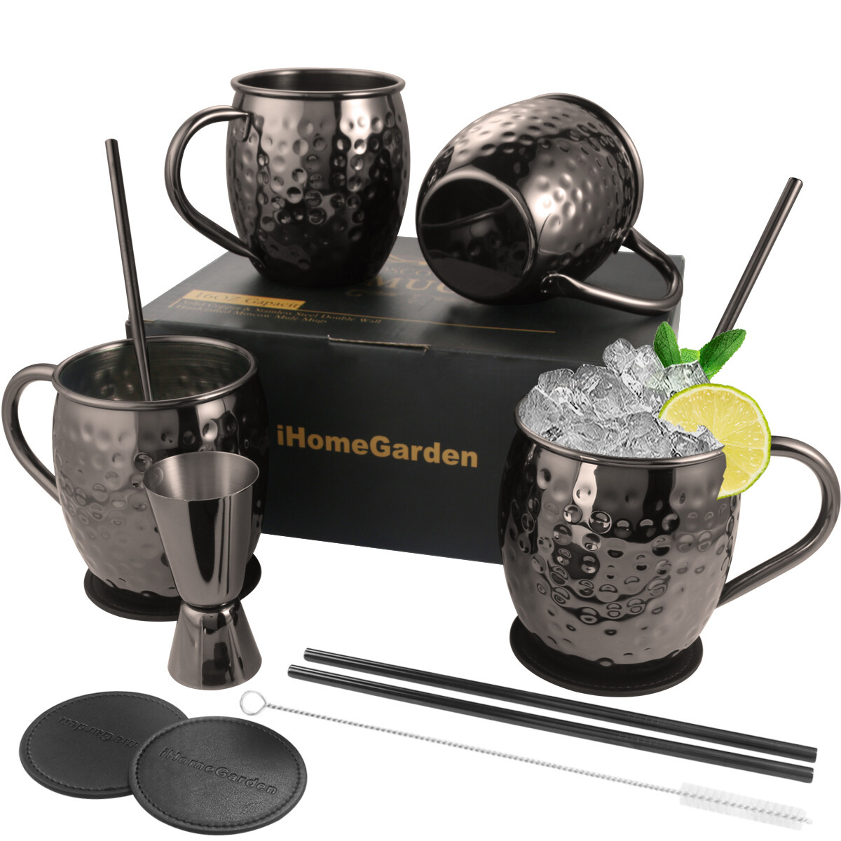 4Pcs Moscow Mule Mugs Set 16OZ Pure Solid Hammered Stainless Steel Mule Mugs Kit