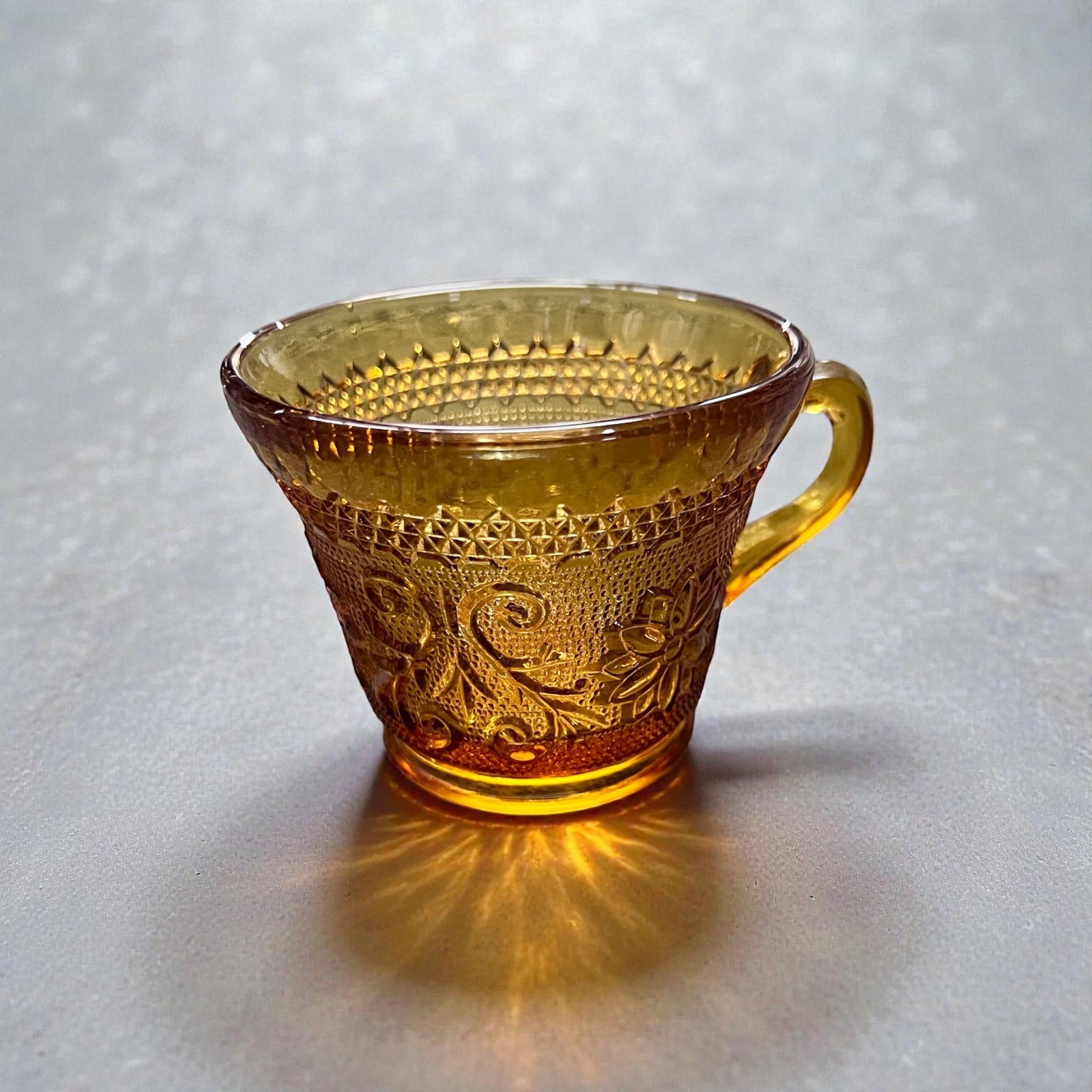 Vintage Tiara Amber Glass Teacup Set Ornate Floral Pattern Vintage Set of 4