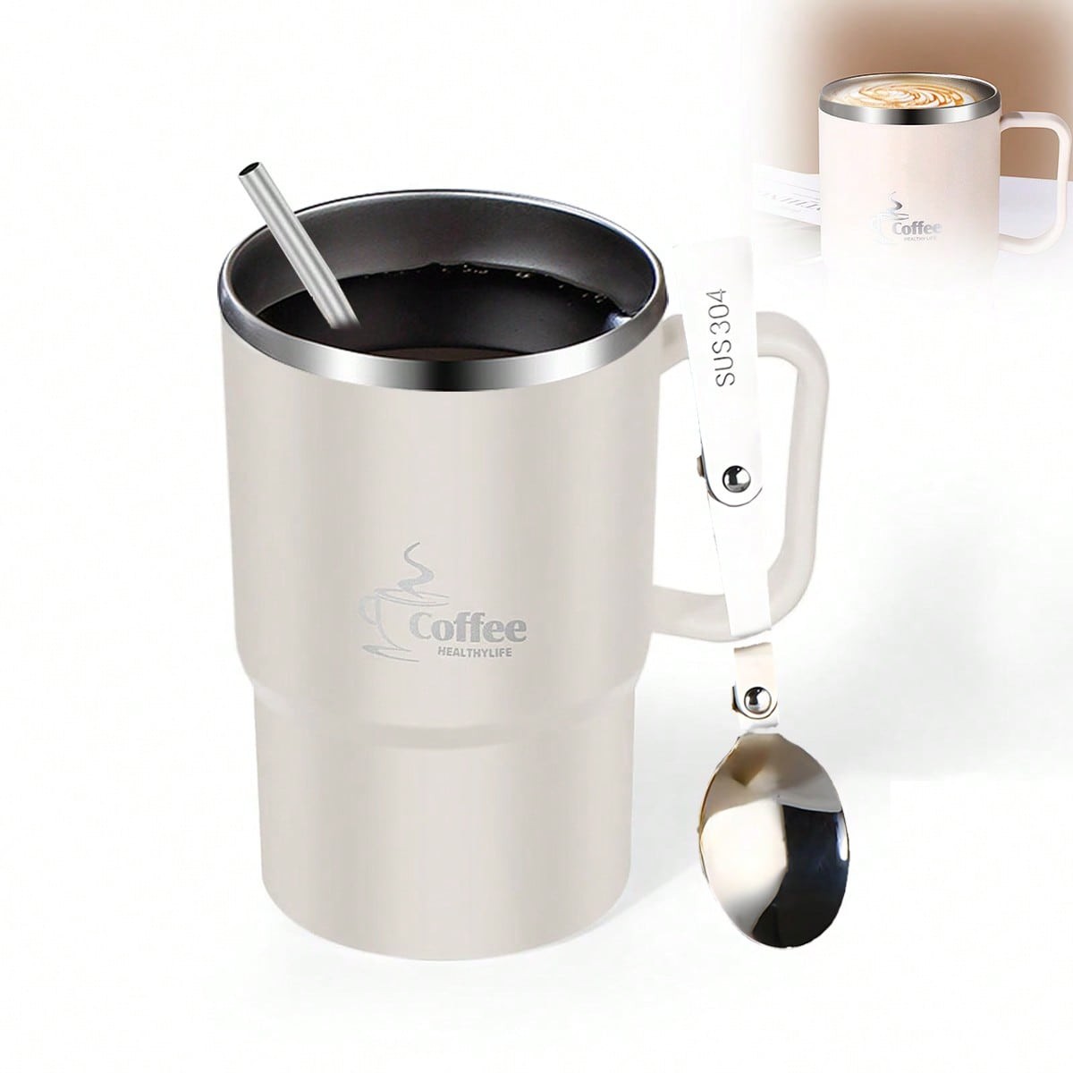 Stainless Steel Coffee Mug With Straw With Tea Divider, Outdoor Travel Mug