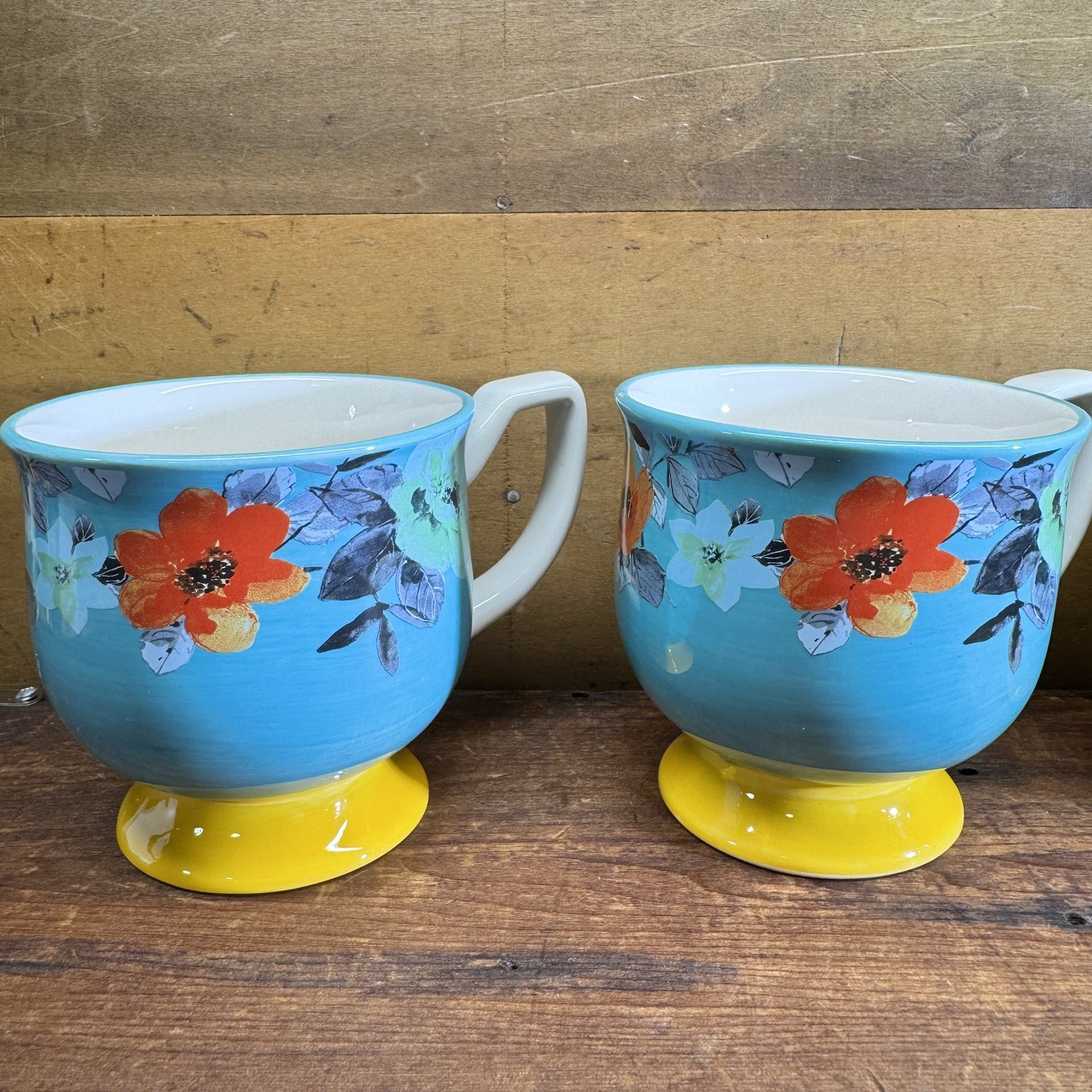 4 Pioneer Woman Mug Flea Market Footed Teal Yellow Flowers Turquoise Floral Farm