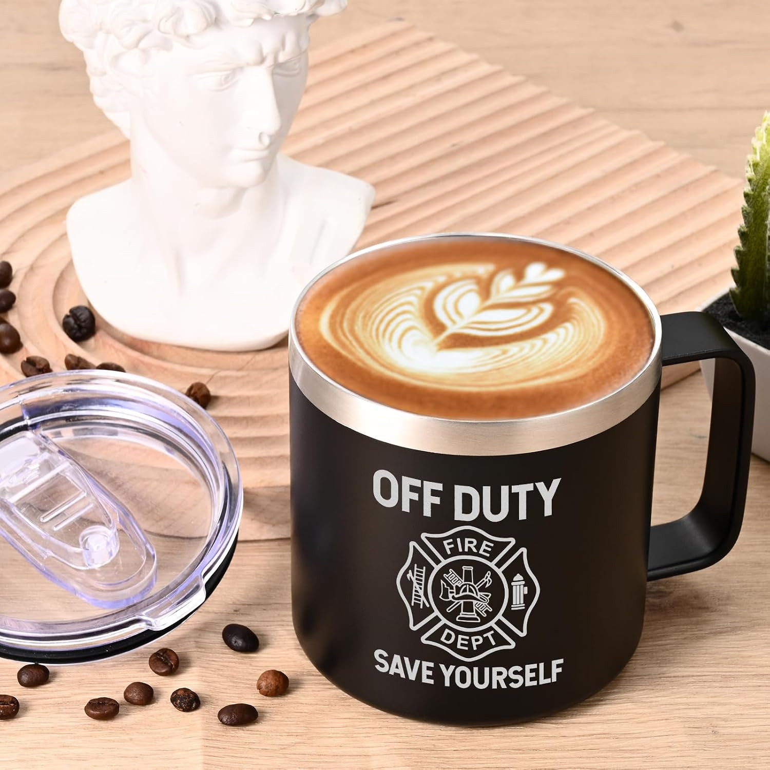 Lifecapido Firefighter Gifts for Men, Off Duty Save Yourself 14 oz Insulated Cof