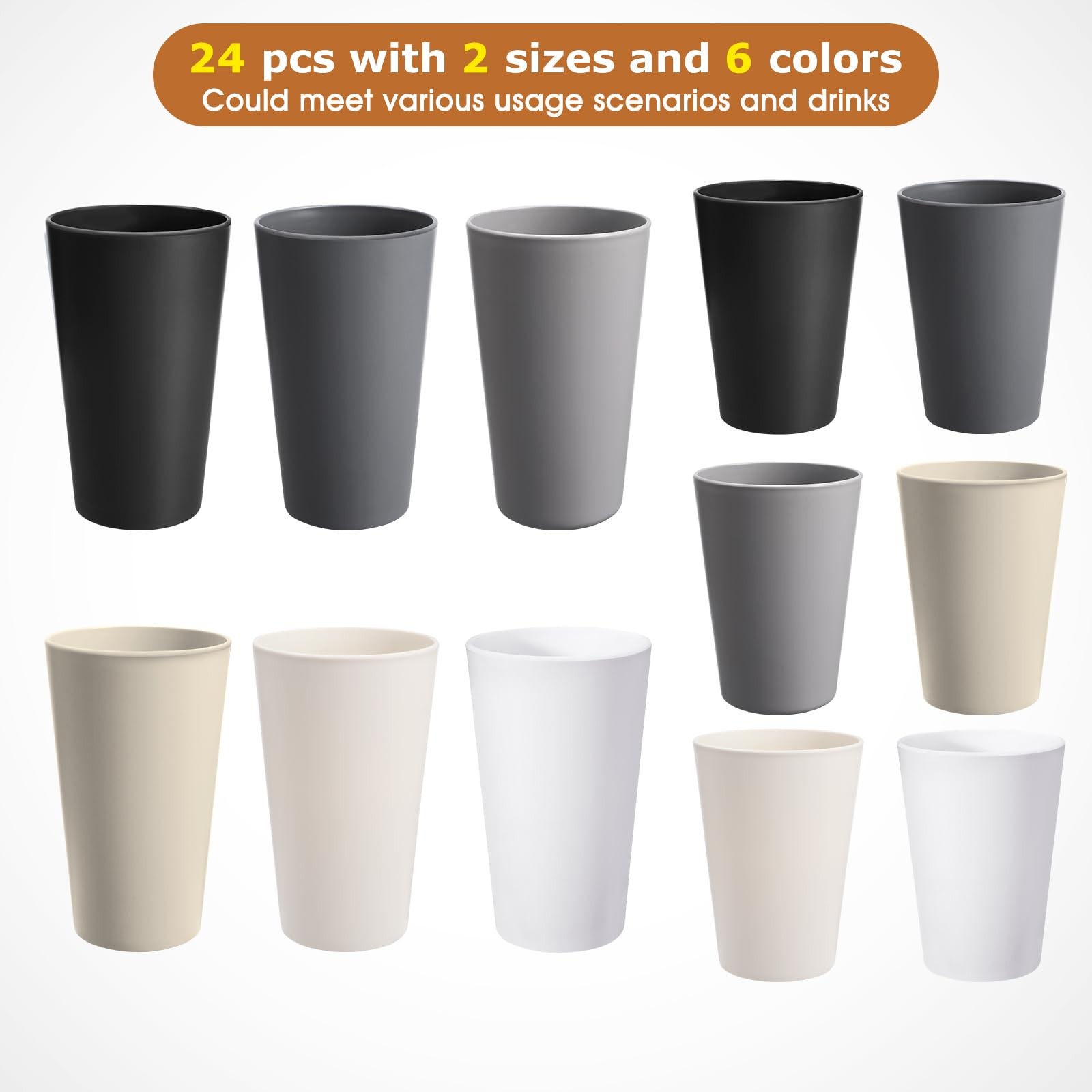 Plastic Cups Set 24 Pcs, 12×14 Oz & 12×20 Oz, BPA-free, Stackable Tumblers