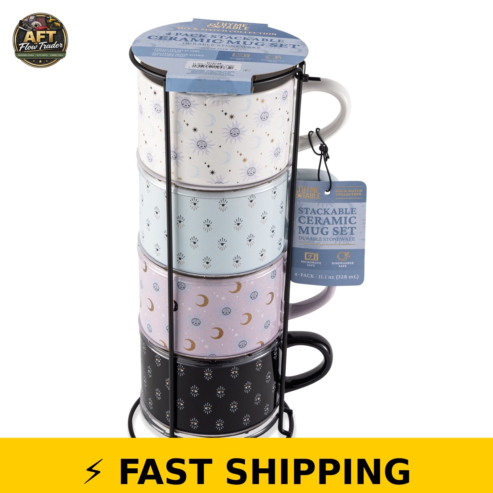 Thyme & Table 4 Pack Celestial Stacking Mugs, Assorted Colors