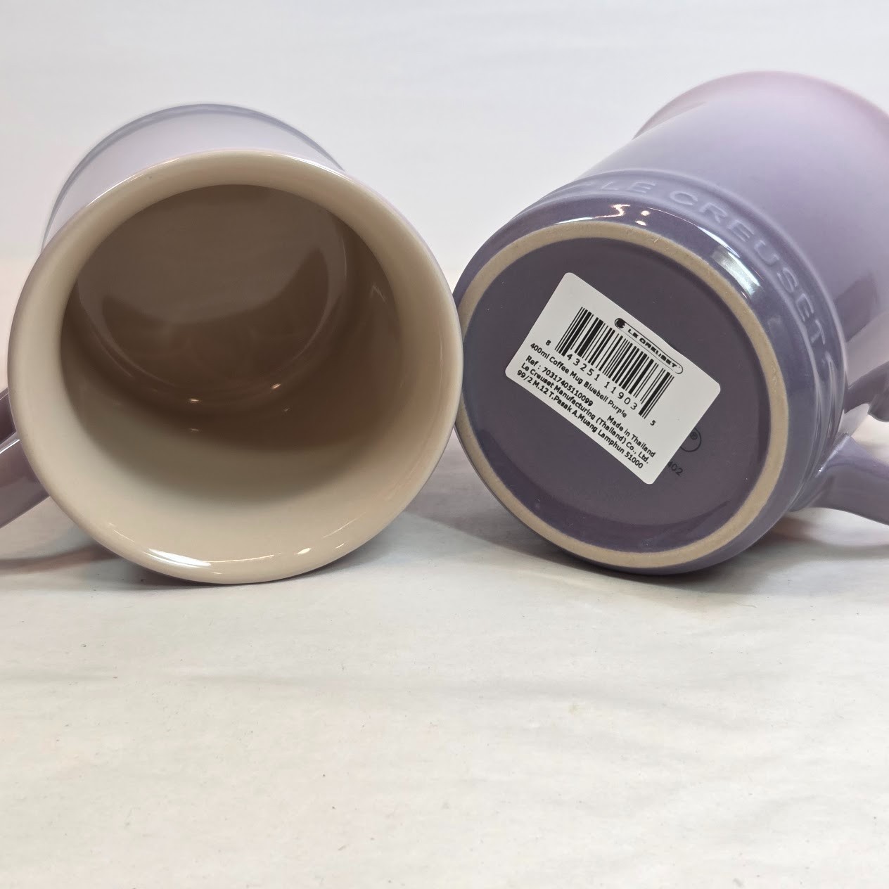 Le Creuset Vancouver Mug Set of 2 Bluebell Purple 14 oz Provence Cream Inner NWT