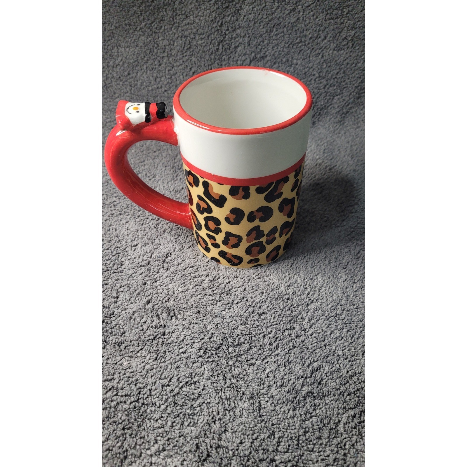 Joyful Leopard Print Christmas Mug with 3D Snowman Handle Red White Ceramic