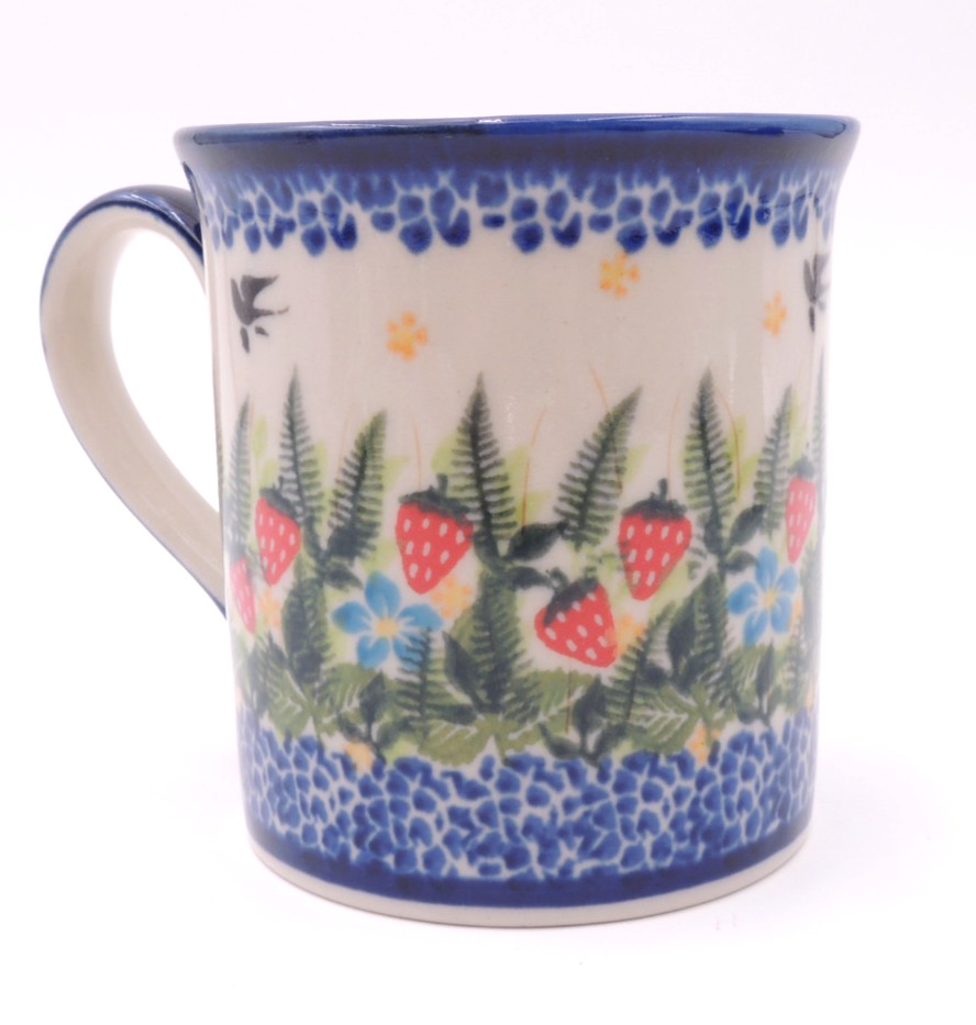 NEW Polish Pottery Cup Mug Kalich Boleslawiec #455 Strawberries Birds RARE