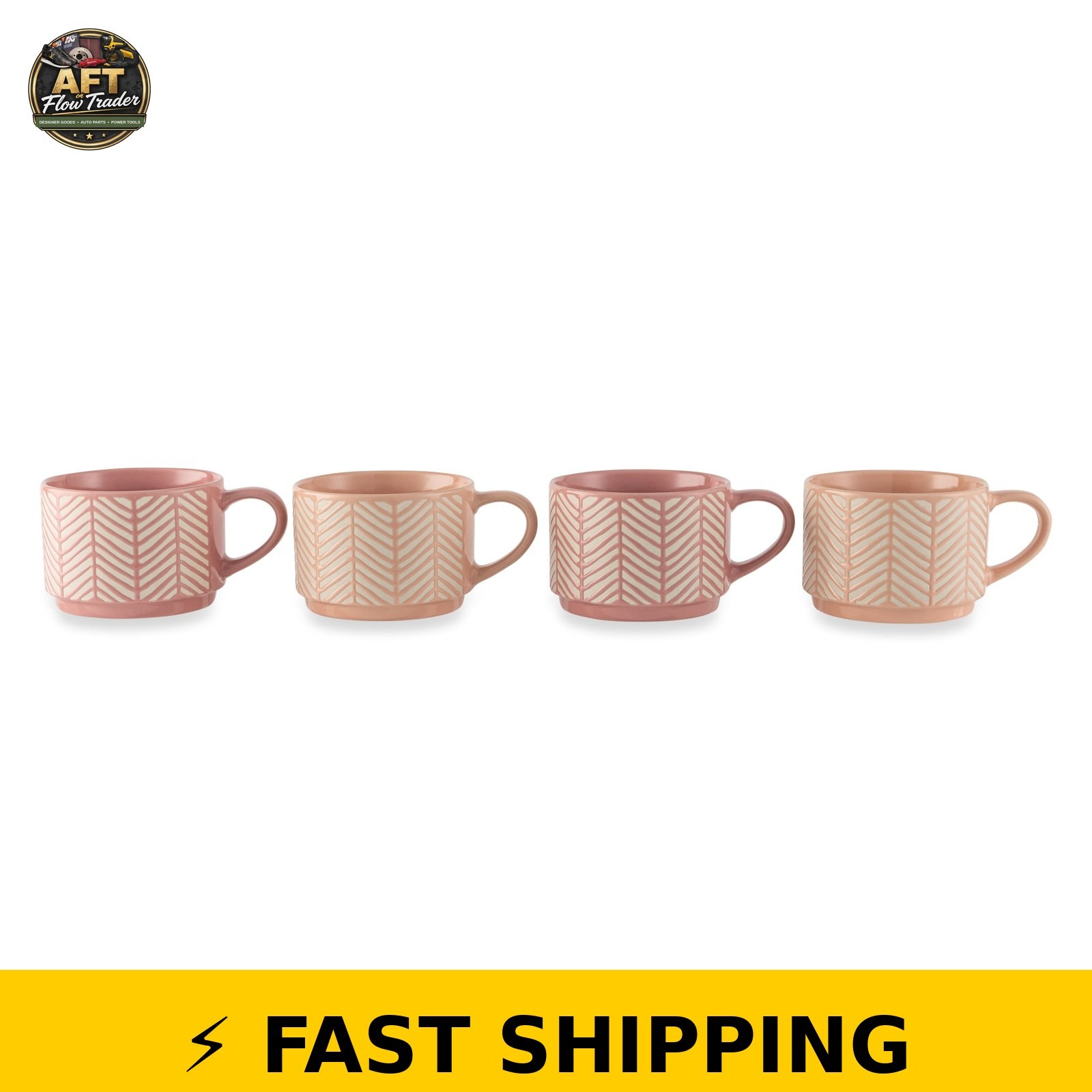 Thyme & Table Stacking Mugs, Pink & White Lines, Set of 4