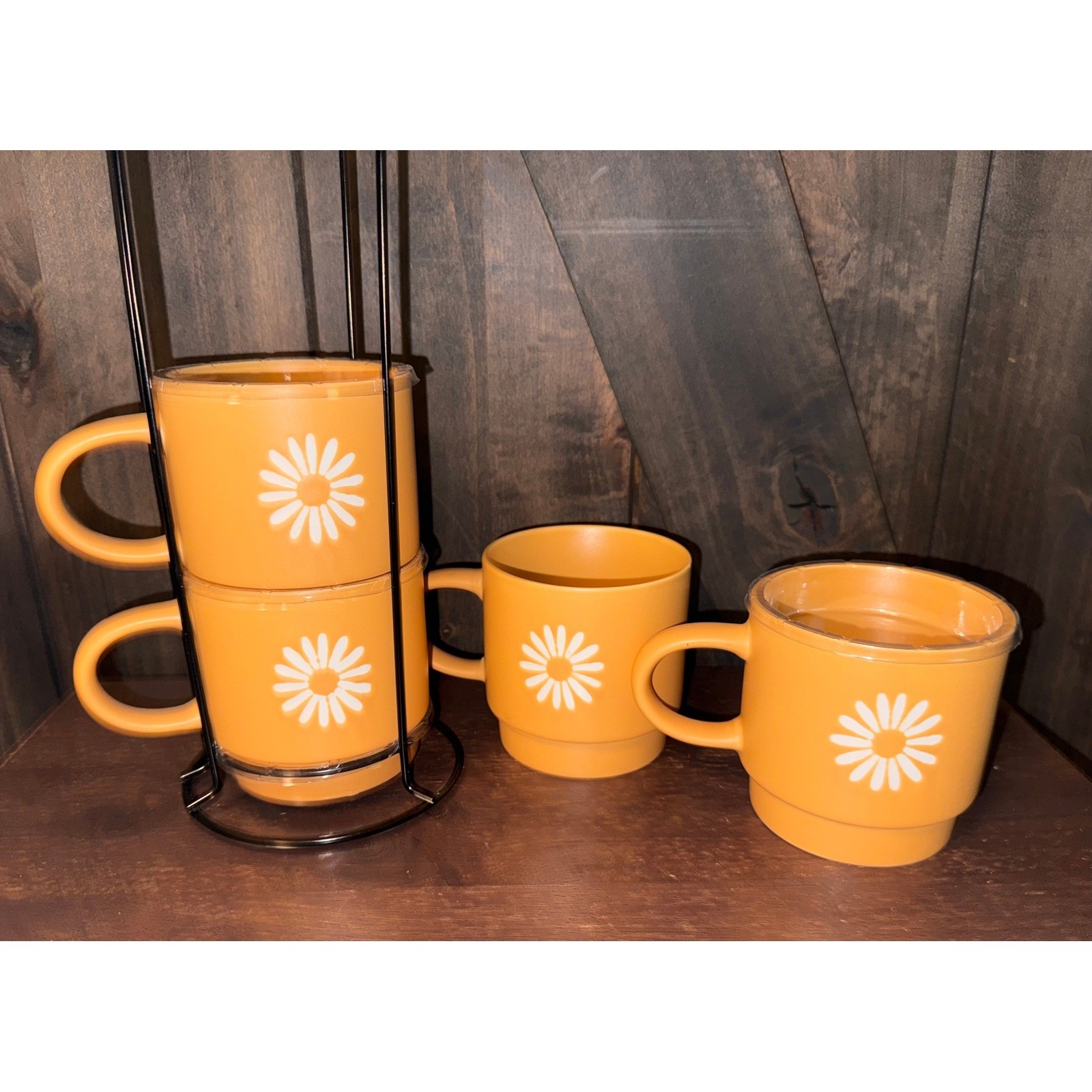 Retro Mustard Yellow Cottagecore Daisy Stackable CeramicvMCM Mug Set 4 Mugs