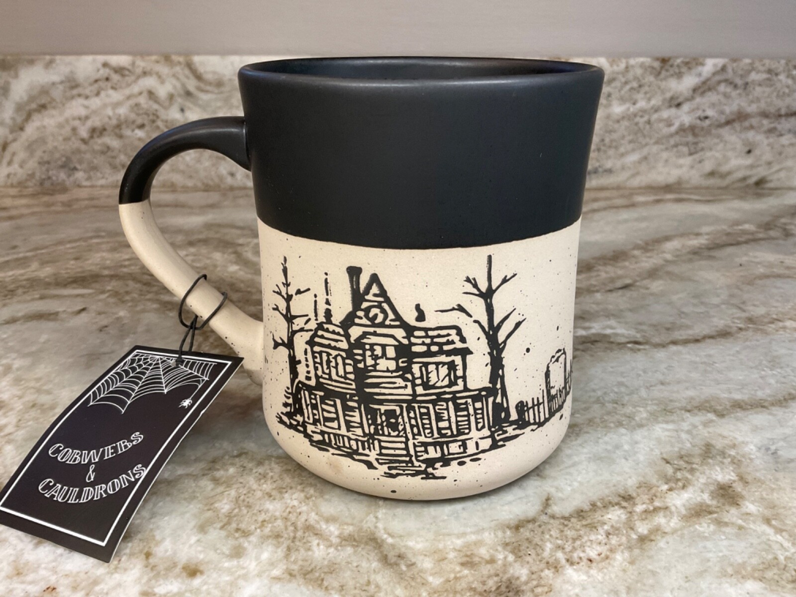 Large Coffee Mug Halloween Scary Haunted House. Cobwebs & Cauldrons New