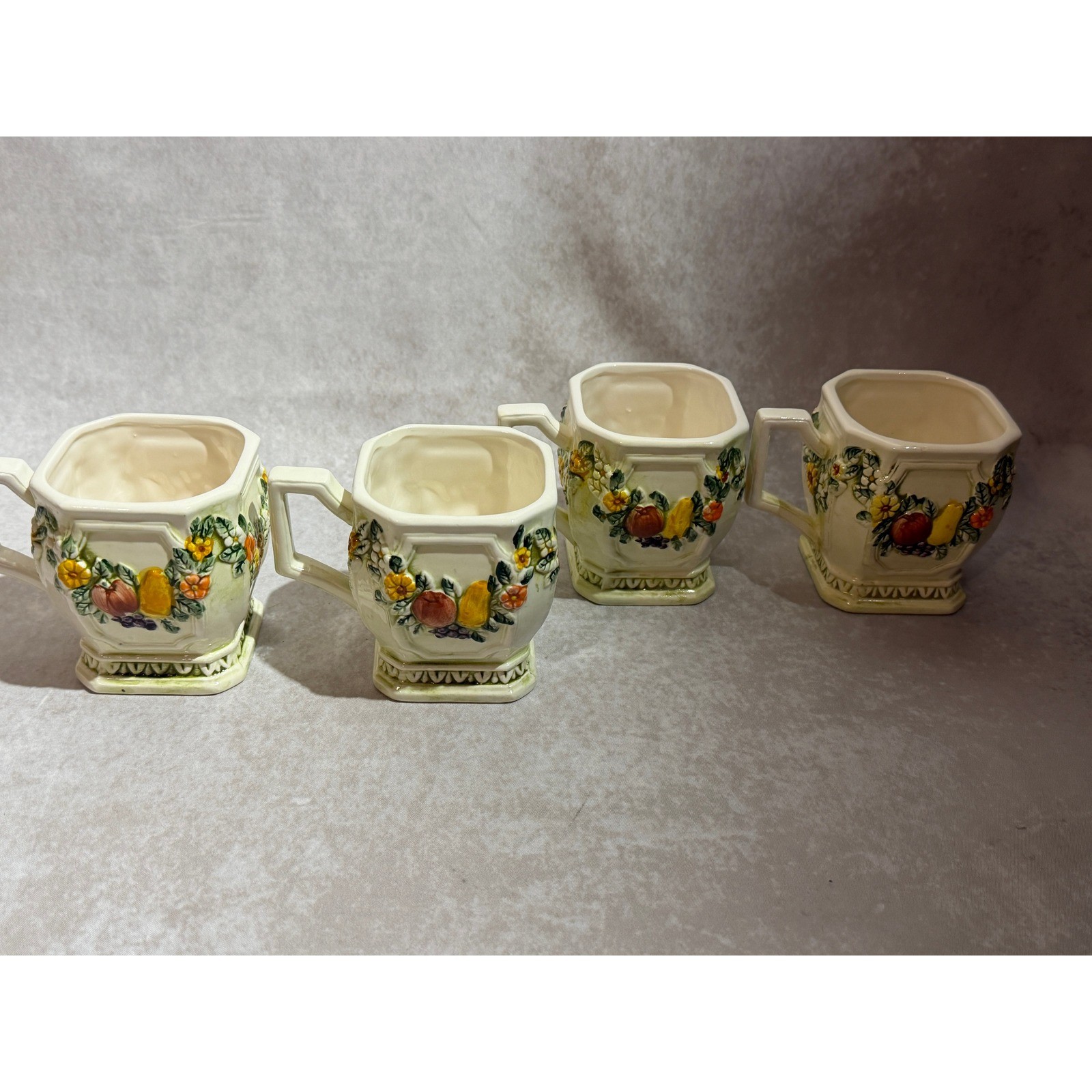Lefton Fruit Fantasia Daisy Raised Relief Ceramic Mugs Set of 4 Square Pedestal